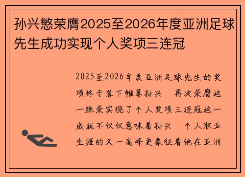 孙兴慜荣膺2025至2026年度亚洲足球先生成功实现个人奖项三连冠